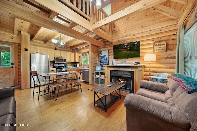 3319 Covered Bridge Way, Sevierville, TN 37862 - living area featuring a wood ceiling with exposed beams, light wood-style floors, log walls, healthy amount of natural light, and a warm lit fireplace