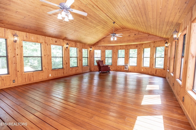 146 Lake Hills Dr, Oak Ridge, TN 37830 - unfurnished living room with a ceiling fan, lofted ceiling, healthy amount of natural light, wooden walls, and wood ceiling