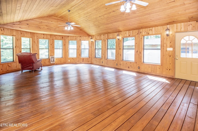 146 Lake Hills Dr, Oak Ridge, TN 37830 - unfurnished living room featuring ceiling fan, lofted ceiling, hardwood / wood-style floors, wooden walls, and wood ceiling
