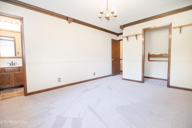 146 Lake Hills Dr, Oak Ridge, TN 37830 - unfurnished bedroom with a chandelier, crown molding, light colored carpet, and ensuite bath