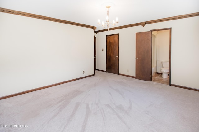 146 Lake Hills Dr, Oak Ridge, TN 37830 - unfurnished bedroom with a chandelier, light colored carpet, ornamental molding, and connected bathroom