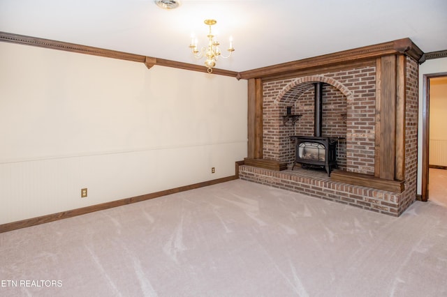 146 Lake Hills Dr, Oak Ridge, TN 37830 - unfurnished living room featuring a wood stove, carpet floors, a chandelier, crown molding, and radiator heating unit
