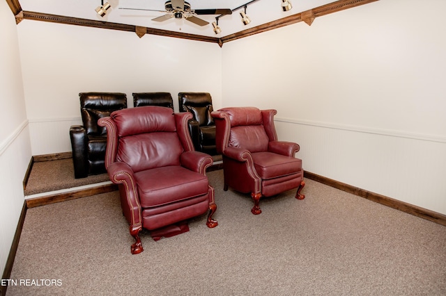 146 Lake Hills Dr, Oak Ridge, TN 37830 - cinema with a ceiling fan, wainscoting, carpet floors, and ornamental molding