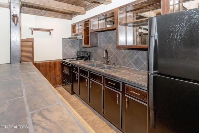 146 Lake Hills Dr, Oak Ridge, TN 37830 - kitchen featuring freestanding refrigerator, black electric range oven, a wainscoted wall, a wood ceiling with exposed beams, and open shelves