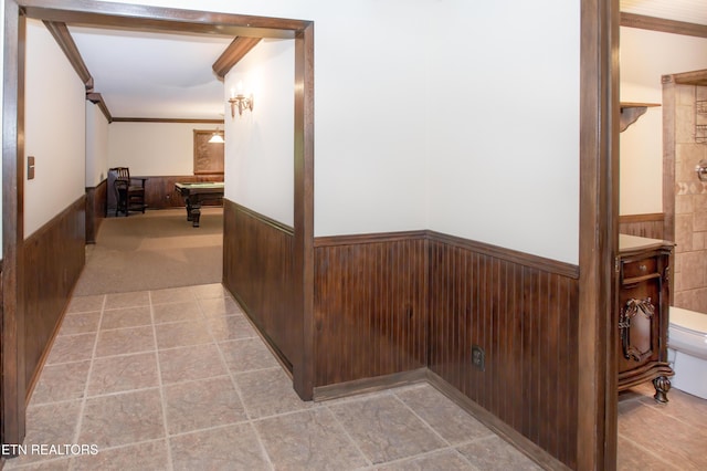 146 Lake Hills Dr, Oak Ridge, TN 37830 - hall with wainscoting, wooden walls, and ornamental molding