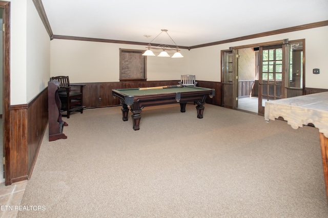 146 Lake Hills Dr, Oak Ridge, TN 37830 - rec room with wainscoting, ornamental molding, pool table, carpet, and wood walls