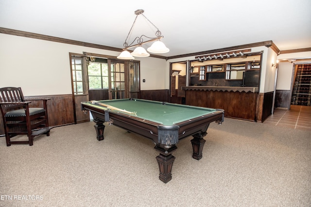 146 Lake Hills Dr, Oak Ridge, TN 37830 - rec room featuring a wainscoted wall, crown molding, pool table, wooden walls, and carpet flooring