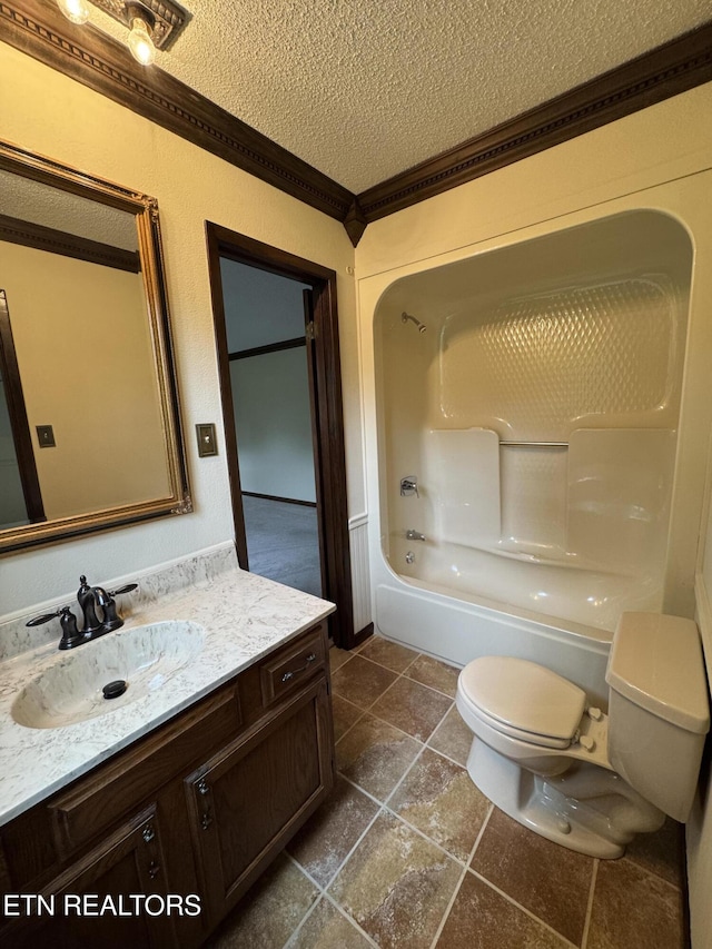 146 Lake Hills Dr, Oak Ridge, TN 37830 - bathroom featuring crown molding, a textured ceiling, vanity, and bathtub / shower combination