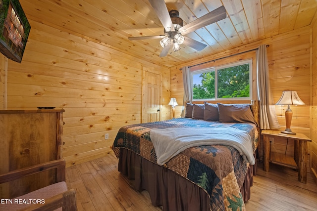 1516 Zurich Rd, Gatlinburg, TN 37738 - bedroom featuring light wood-style flooring, wooden ceiling, wooden walls, and a ceiling fan