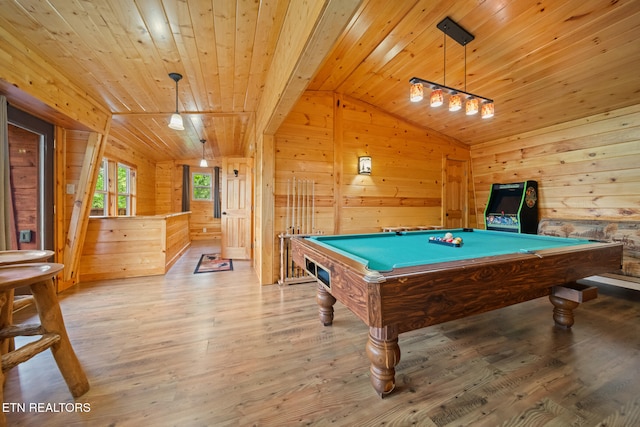 1516 Zurich Rd, Gatlinburg, TN 37738 - rec room with lofted ceiling, wooden ceiling, wood walls, wood finished floors, and billiards