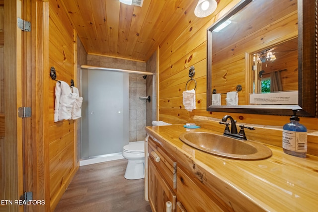 1516 Zurich Rd, Gatlinburg, TN 37738 - bathroom with a stall shower, vanity, wooden walls, and wood finished floors