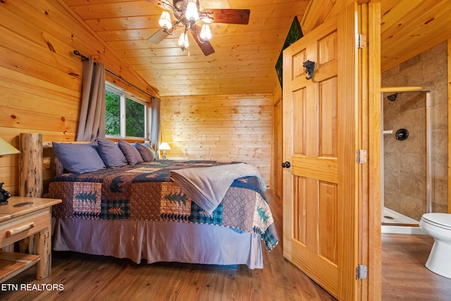 1516 Zurich Rd, Gatlinburg, TN 37738 - bedroom with hardwood / wood-style flooring, wood ceiling, wooden walls, and a ceiling fan