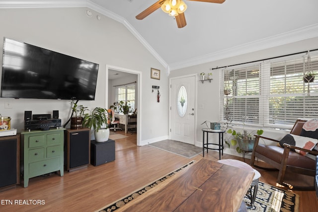 1132 Connecticut Ave, Knoxville, TN 37921 - living room featuring wood finished floors, vaulted ceiling, a ceiling fan, and crown molding
