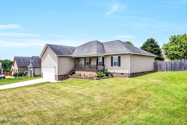 235 Jessie Ln, Lenoir City, TN 37772 - view of front facade featuring crawl space, a garage, covered porch, concrete driveway, and a shingled roof