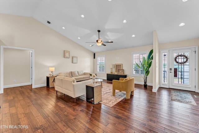 235 Jessie Ln, Lenoir City, TN 37772 - living room featuring vaulted ceiling, ceiling fan, wood finished floors, and recessed lighting