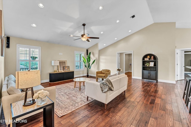 235 Jessie Ln, Lenoir City, TN 37772 - living room with a ceiling fan, dark wood-style floors, vaulted ceiling, and recessed lighting
