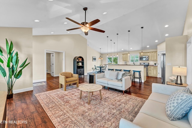 235 Jessie Ln, Lenoir City, TN 37772 - living area featuring a ceiling fan, dark wood finished floors, recessed lighting, and high vaulted ceiling