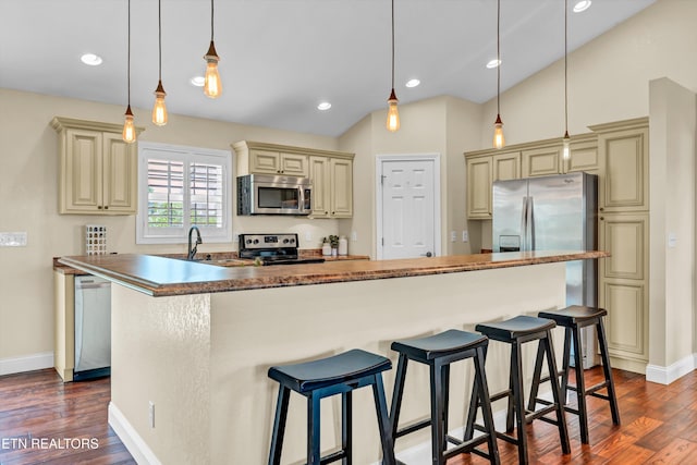 235 Jessie Ln, Lenoir City, TN 37772 - kitchen with cream cabinets, stainless steel appliances, dark wood-style floors, lofted ceiling, and a kitchen bar