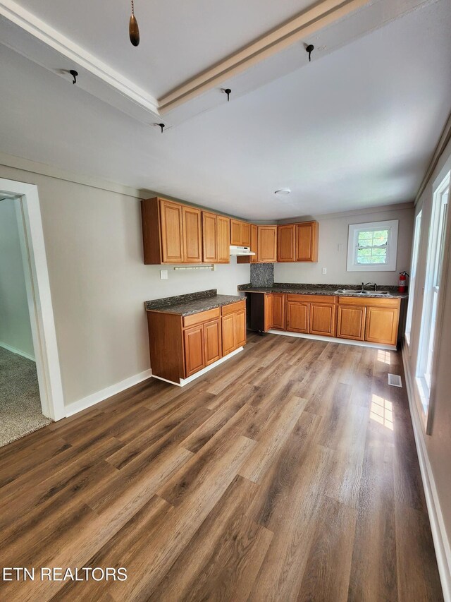918 5th St, Jellico, TN 37762 - kitchen featuring brown cabinets, dark countertops, dark wood-style floors, and under cabinet range hood