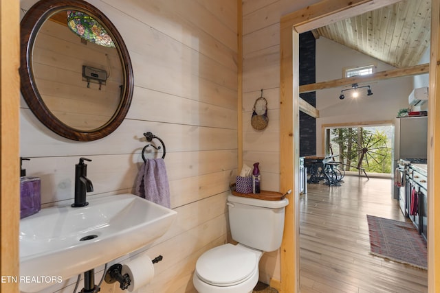 187 Persimmon Ln, Pioneer, TN 37847 - bathroom featuring lofted ceiling, wood walls, wood finished floors, and wooden ceiling