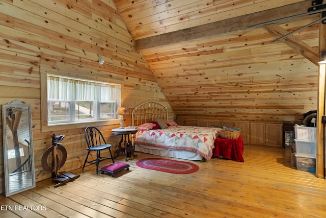 187 Persimmon Ln, Pioneer, TN 37847 - bedroom with vaulted ceiling, light wood-style floors, wooden walls, and wooden ceiling
