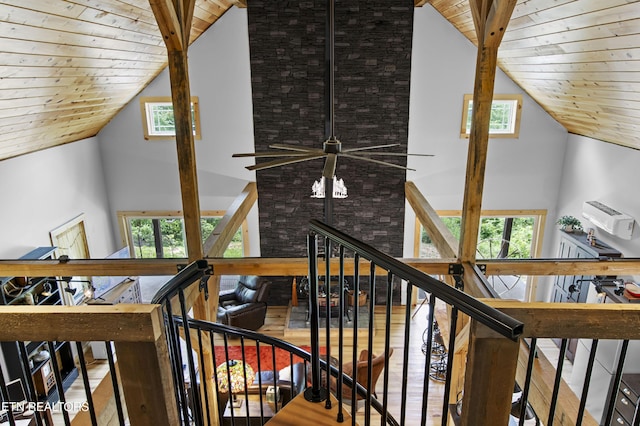 187 Persimmon Ln, Pioneer, TN 37847 - stairway with wooden ceiling, high vaulted ceiling, a ceiling fan, and plenty of natural light