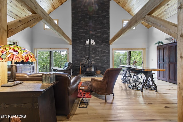 187 Persimmon Ln, Pioneer, TN 37847 - living room featuring a wood stove, high vaulted ceiling, light wood-type flooring, healthy amount of natural light, and a wood ceiling with exposed beams