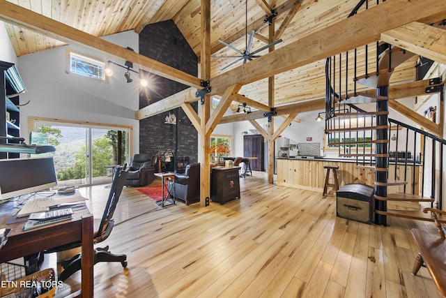 187 Persimmon Ln, Pioneer, TN 37847 - home office with healthy amount of natural light, high vaulted ceiling, hardwood / wood-style flooring, a ceiling fan, and a wooden ceiling with exposed beams