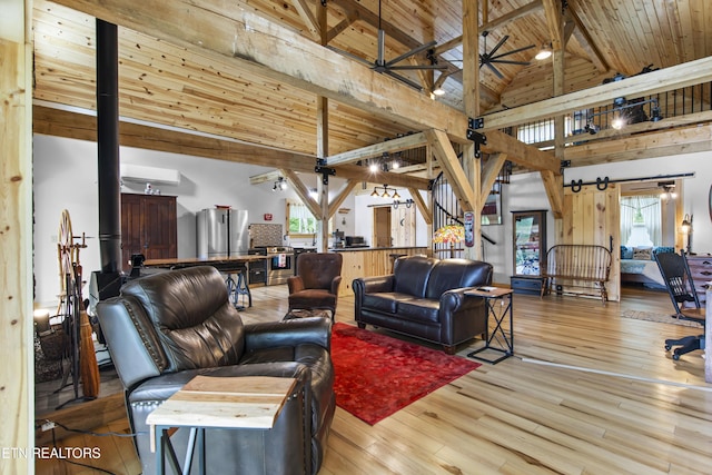 187 Persimmon Ln, Pioneer, TN 37847 - living room with a wood ceiling with exposed beams, high vaulted ceiling, wood finished floors, and ceiling fan