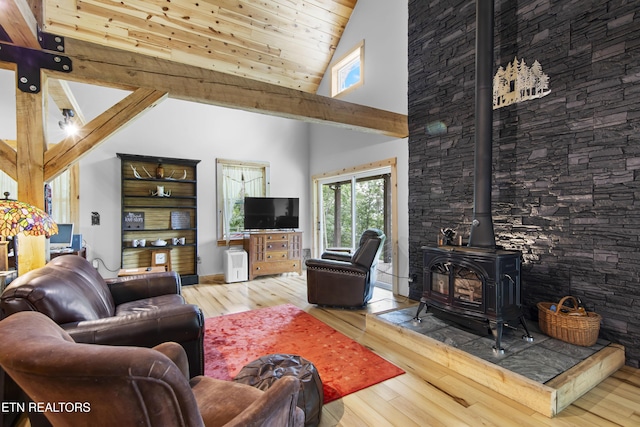 187 Persimmon Ln, Pioneer, TN 37847 - living area with high vaulted ceiling, hardwood / wood-style floors, a wood stove, and wood ceiling
