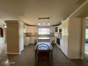 2517 Shields Ferry Rd, Morristown, TN 37814 - kitchen with stainless steel microwave, white range with electric stovetop, white cabinetry, and dark tile patterned floors
