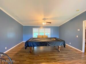 2517 Shields Ferry Rd, Morristown, TN 37814 - playroom featuring ornamental molding, a ceiling fan, wood finished floors, and billiards