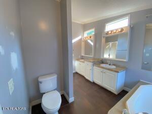 2517 Shields Ferry Rd, Morristown, TN 37814 - bathroom with vanity, crown molding, wood finished floors, and a tub to relax in