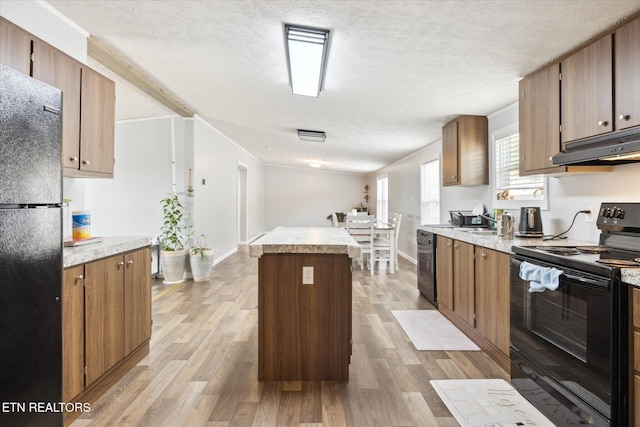 1309 Elm Village Ct, Dandridge, TN 37725 - kitchen with black appliances, under cabinet range hood, a center island, light wood-style floors, and light countertops