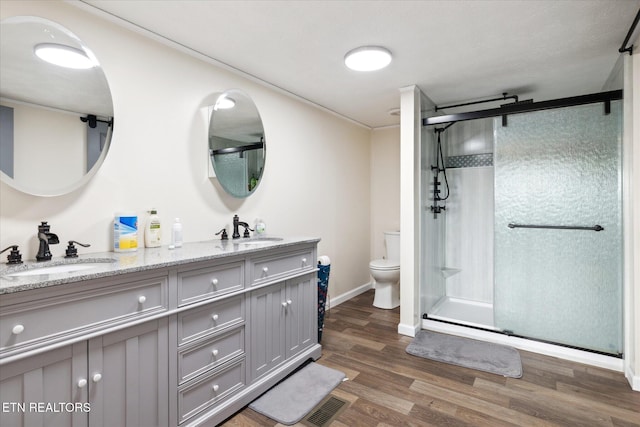 1309 Elm Village Ct, Dandridge, TN 37725 - bathroom with double vanity, a stall shower, and wood finished floors
