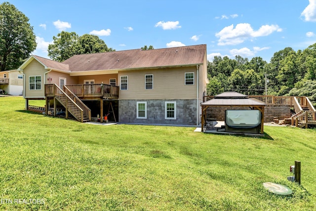 1721 N Parkridge Dr, Knoxville, TN 37924 - rear view of house with stairs, a gazebo, a wooden deck, and a lawn