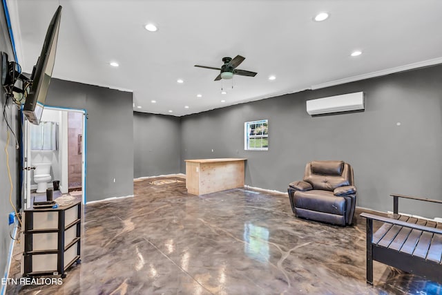1721 N Parkridge Dr, Knoxville, TN 37924 - living area with a wall unit AC, ceiling fan, recessed lighting, and concrete flooring