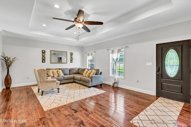 1721 N Parkridge Dr, Knoxville, TN 37924 - living area featuring a tray ceiling, plenty of natural light, hardwood / wood-style flooring, ceiling fan, and crown molding