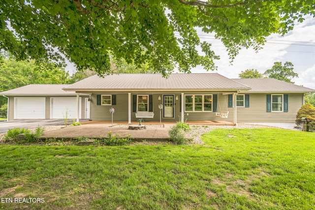 1820 Locust Grove Rd, New Tazewell, TN 37825 - ranch-style home with a porch, a front lawn, a metal roof, and a detached garage