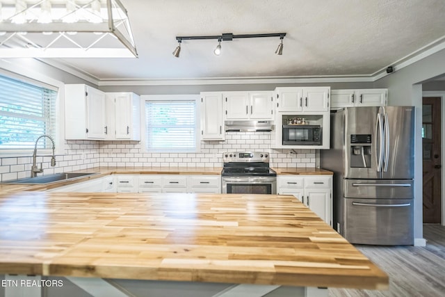 1820 Locust Grove Rd, New Tazewell, TN 37825 - kitchen with wood counters, stainless steel appliances, under cabinet range hood, white cabinets, and ornamental molding