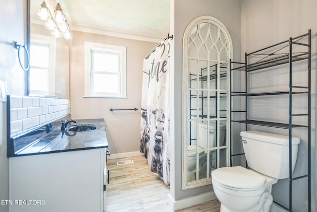 1820 Locust Grove Rd, New Tazewell, TN 37825 - bathroom featuring vanity, ornamental molding, a shower with curtain, and wood finished floors