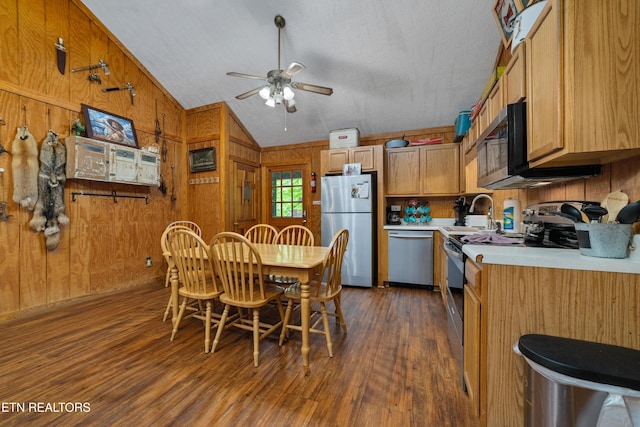 719 Kings Hills Blvd, Pigeon Forge, TN 37863 - kitchen with stainless steel appliances, ceiling fan, lofted ceiling, light countertops, and dark wood finished floors