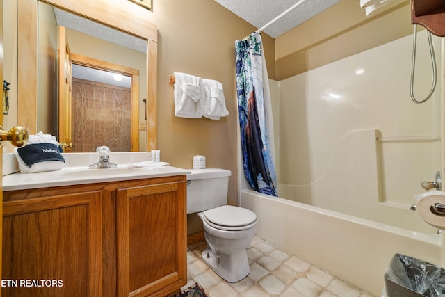 719 Kings Hills Blvd, Pigeon Forge, TN 37863 - bathroom with vanity, shower / bathtub combination with curtain, a textured ceiling, and tile patterned floors
