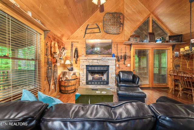 2389 Misty Ln, Sevierville, TN 37876 - living area with wood finished floors, lofted ceiling, wood walls, wood ceiling, and a fireplace