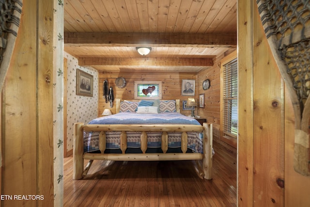 2389 Misty Ln, Sevierville, TN 37876 - bedroom featuring wood walls, wood-type flooring, and a wooden ceiling with exposed beams