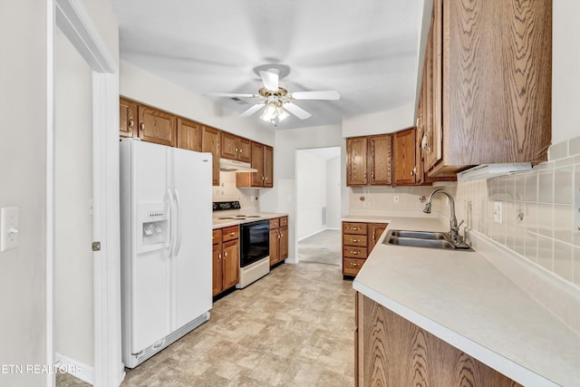 1670 Maremont Rd, Knoxville, TN 37918 - kitchen with white refrigerator with ice dispenser, range with electric stovetop, under cabinet range hood, backsplash, and ceiling fan