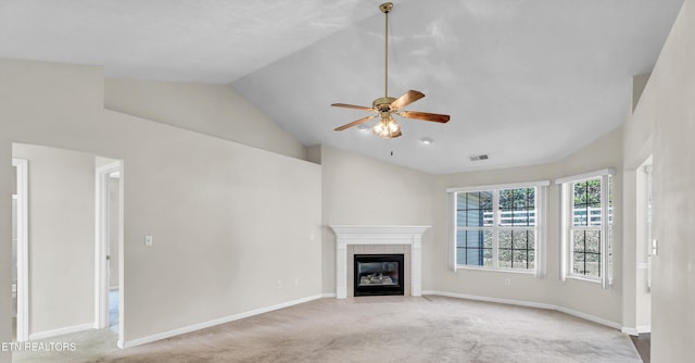 1670 Maremont Rd, Knoxville, TN 37918 - unfurnished living room featuring carpet, a ceiling fan, a fireplace, and lofted ceiling