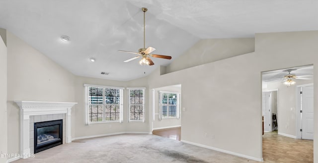 1670 Maremont Rd, Knoxville, TN 37918 - unfurnished living room with a ceiling fan, high vaulted ceiling, a fireplace, and carpet