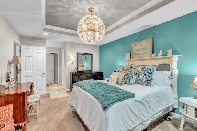 8824 Carriage House Way, Knoxville, TN 37923 - bedroom featuring carpet, a raised ceiling, crown molding, a chandelier, and recessed lighting