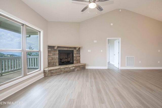 2609 Mountain Blvd, Sevierville, TN 37876 - unfurnished living room featuring ceiling fan, wood finished floors, a fireplace, and lofted ceiling